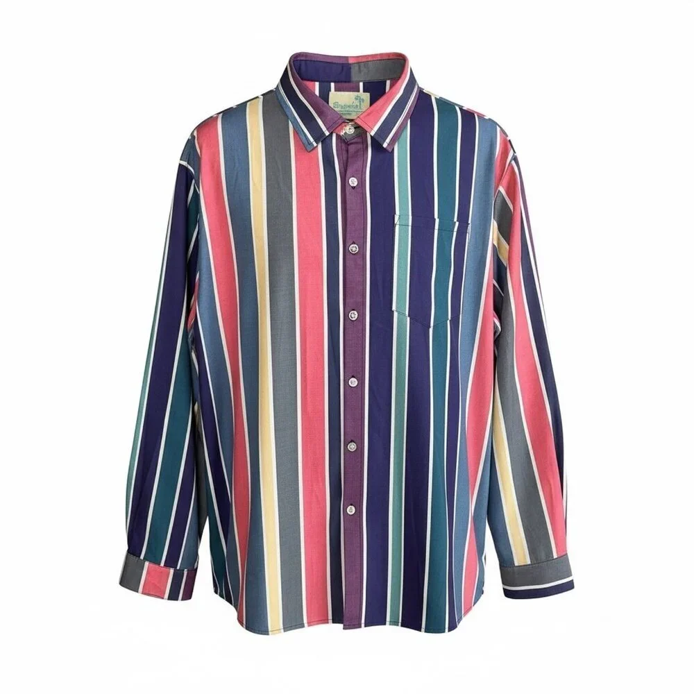 Royaura Men's Shirt Colorful Wide Stripe Easy Care Long Sleeve Size XL